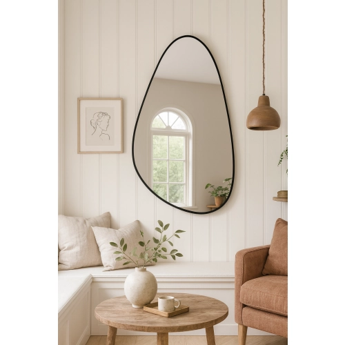 Lustro ORGANIC DROP – lustro o nieregularnym kształcie w czarnej ramie | Designerskie lustro organiczne do przedpokoju, salonu i sypialni